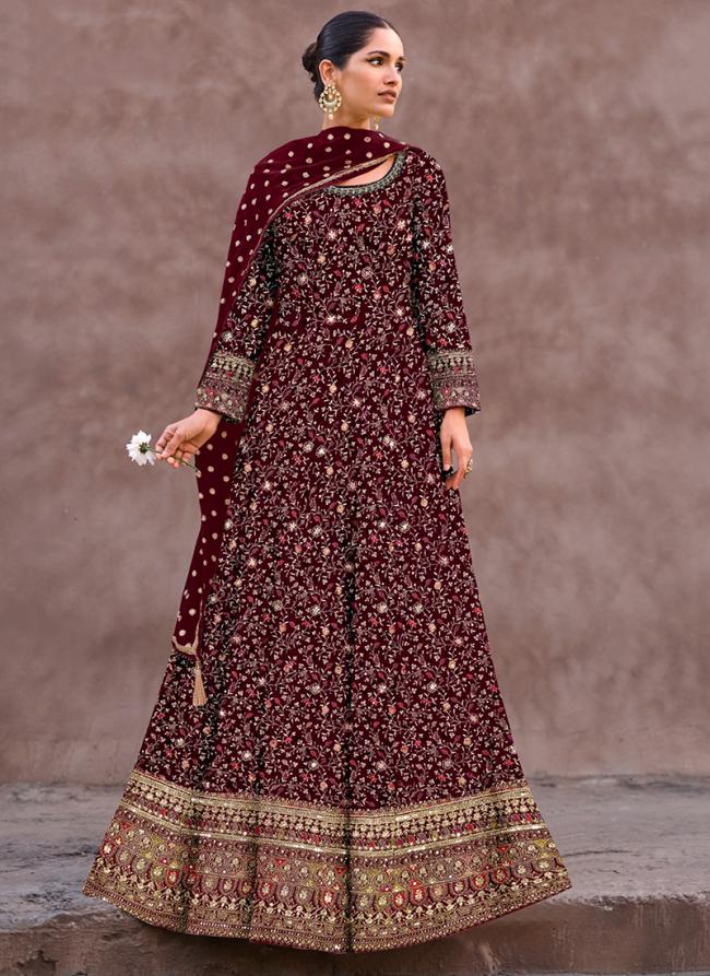 Georgette Maroon Wedding Wear Sequins Work Readymade Gown With Dupatta